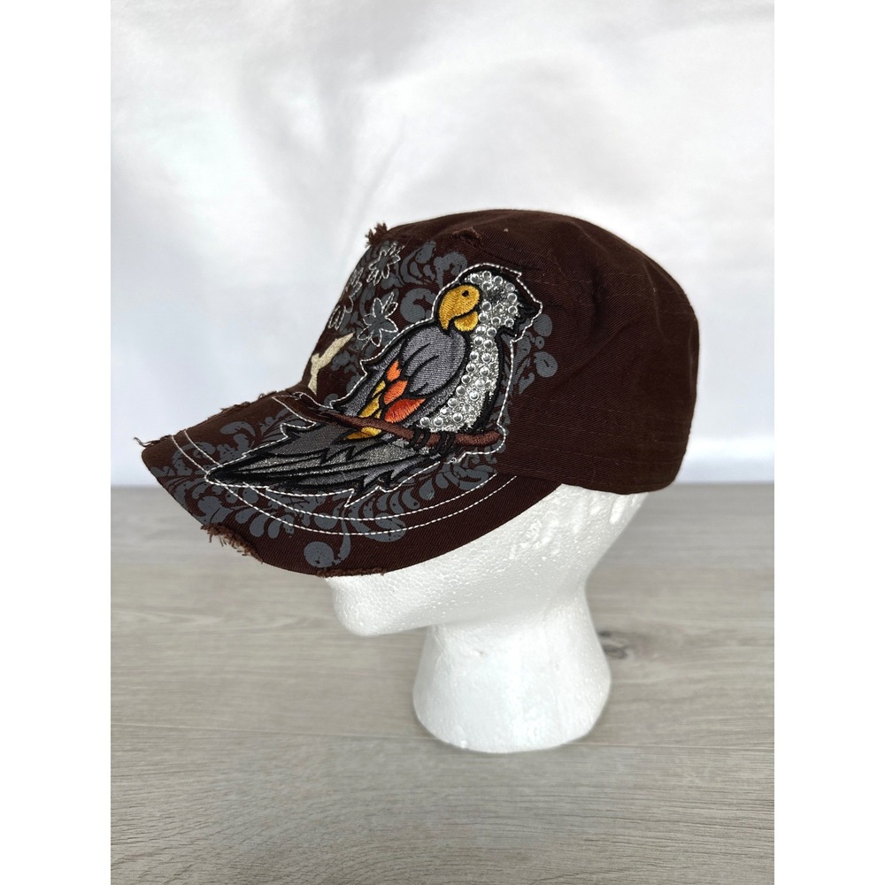 Leader L.O.G.A Women's Brown Distressed Parrot Rhinestone Ball Cap Y2K McBling
